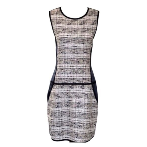 Theory Sleeveless Round Neck Neutral Tweed Gray Silk Color Block Dress Size 0 - Picture 1 of 5